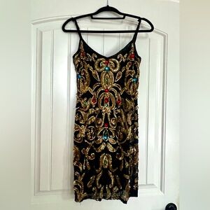 Niteline Black Mini Dress 100% silk with Gold Embellishments vintage 90’s